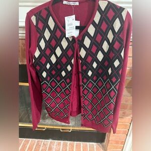 Women's Diamond Pattern Cardigan Sweater - Red and Black